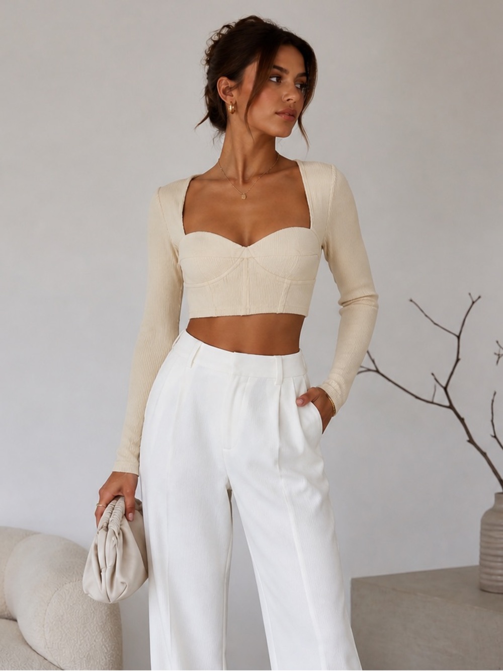 Beige Ribbed Corset Crop Top Long Sleeve Size S